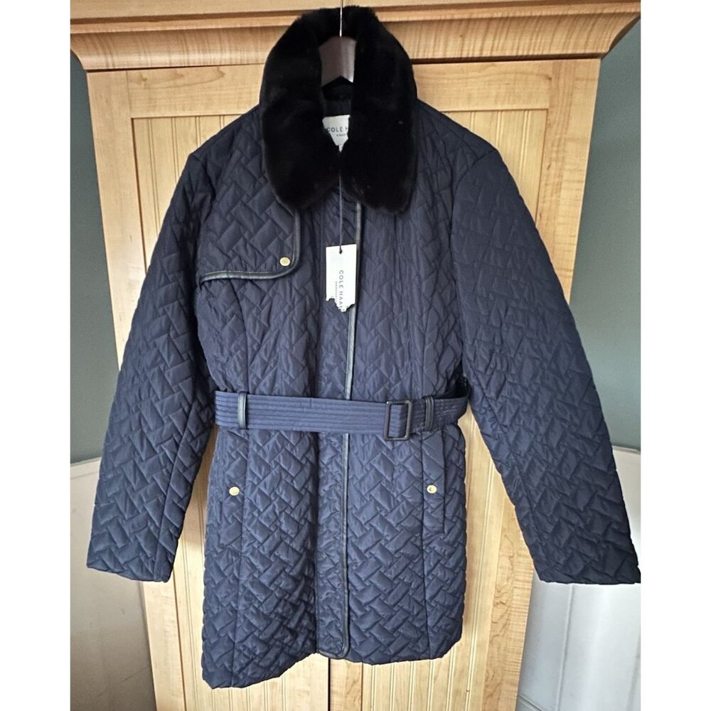 Cole Haan Signature Quilt Belted Jacket -Removable Faux Fur Collar Size XL -Navy - Picture 5 of 5